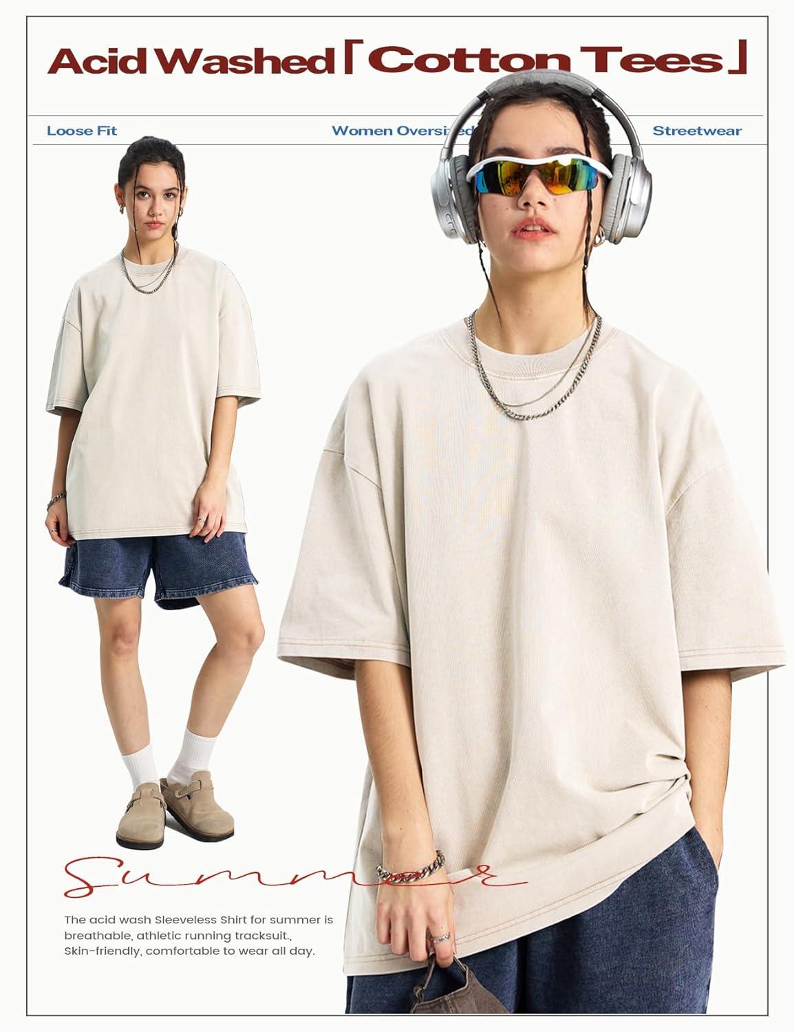 Arssm Women’s Oversized T-Shirts Cotton Acid Wash Boyfriend Tee Shirt Loose Fit Vintage T-Shirts(Beige)