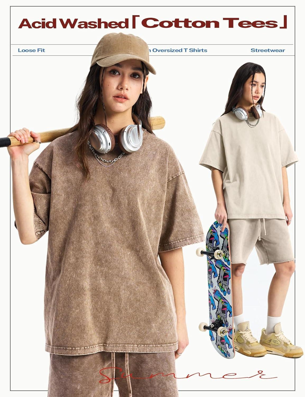 Arssm Women’s Oversized T-Shirts Cotton Acid Wash Boyfriend Tee Shirt Loose Fit Vintage T-Shirts(Black+khaki+beige+army+purple)
