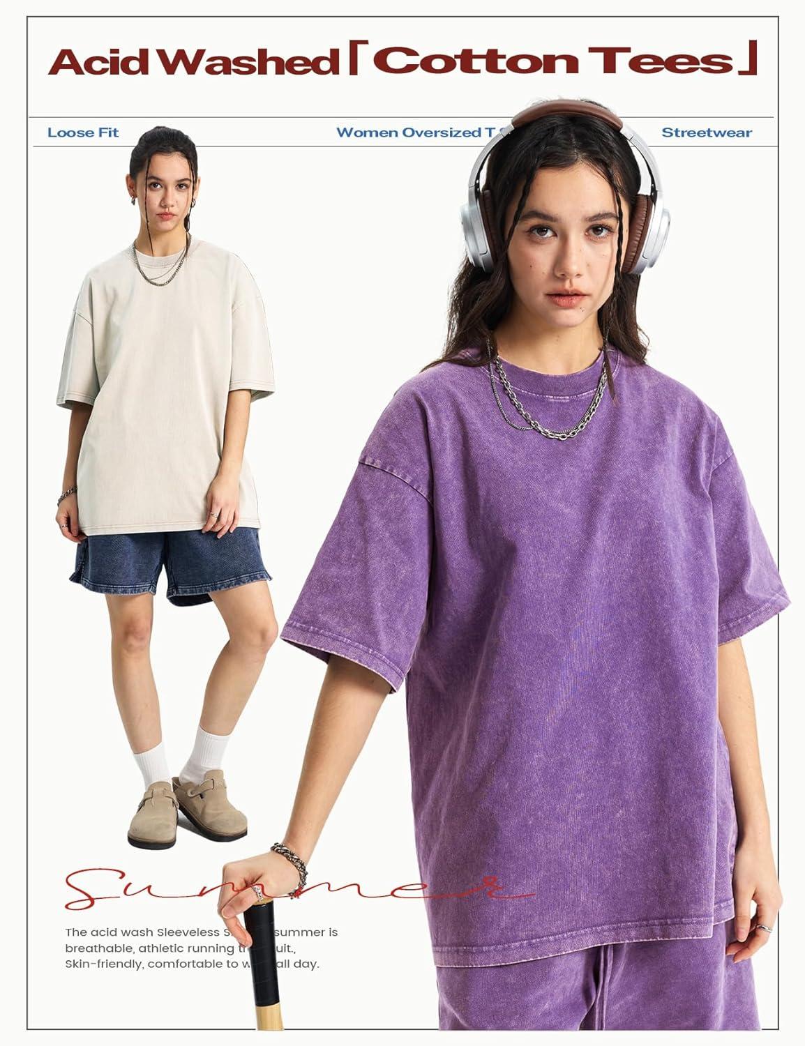 Arssm Women’s Oversized T-Shirts Cotton Acid Wash Boyfriend Tee Shirt Loose Fit Vintage T-Shirts(Black+khaki+beige+army+purple)