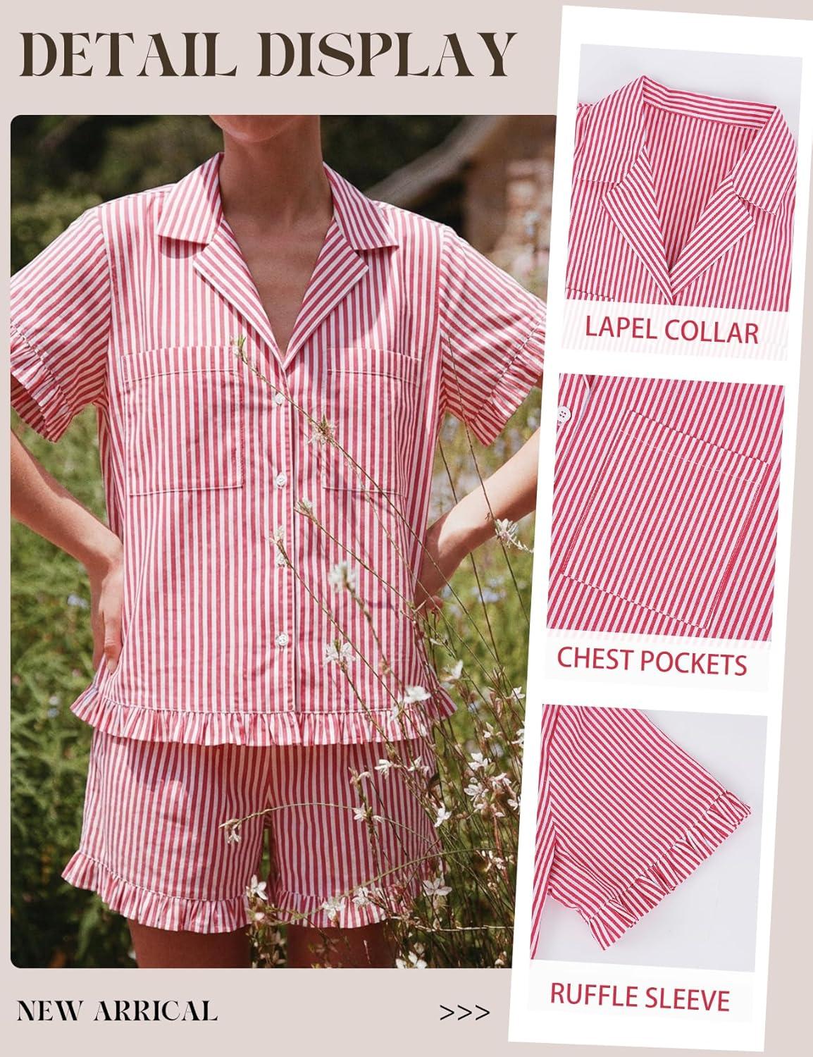 Arssm Womens Striped Pajama Sets 2 Piece Cotton Pjs Sets Short Sleeve Button Down Shirts and Shorts Sleepwear(Red)