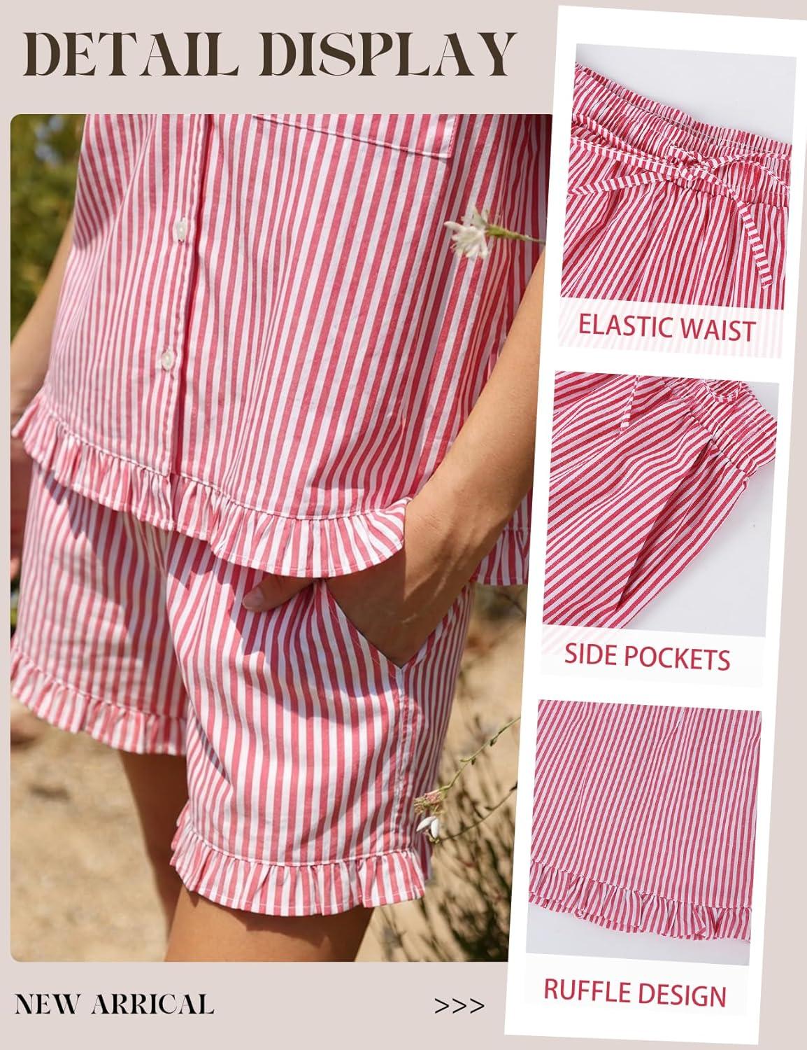 Arssm Womens Striped Pajama Sets 2 Piece Cotton Pjs Sets Short Sleeve Button Down Shirts and Shorts Sleepwear(Red)