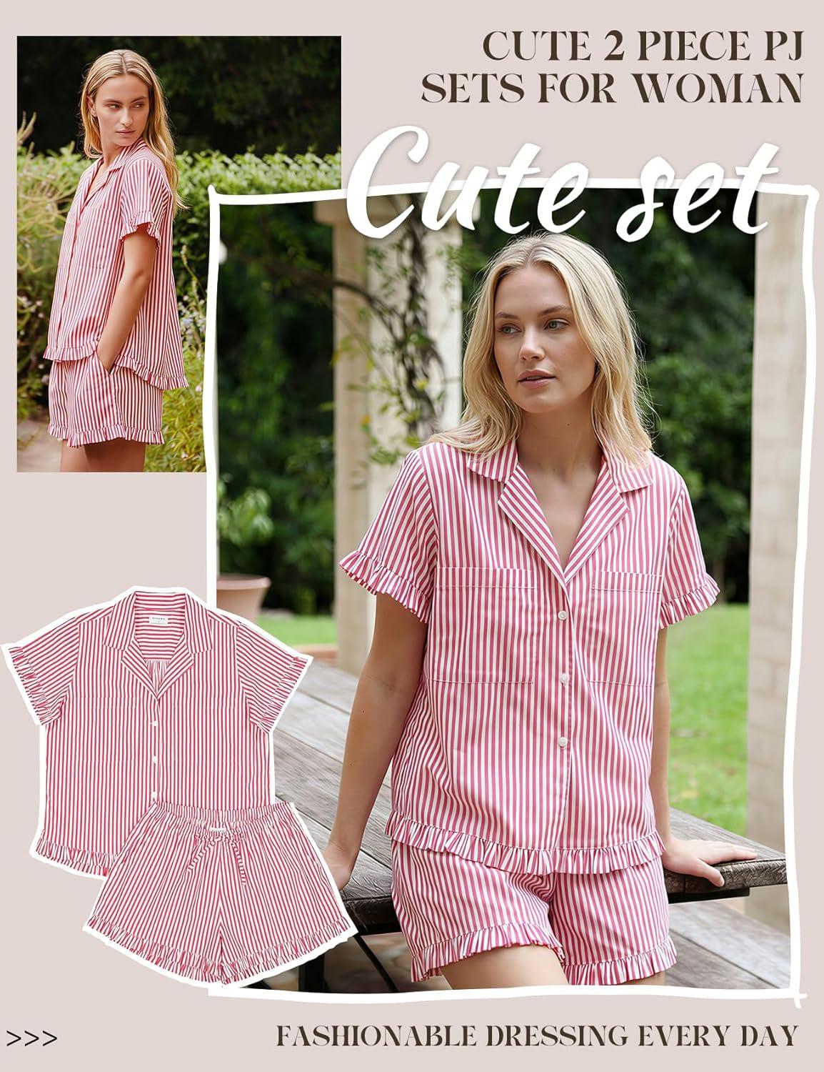 Arssm Womens Striped Pajama Sets 2 Piece Cotton Pjs Sets Short Sleeve Button Down Shirts and Shorts Sleepwear(Red)