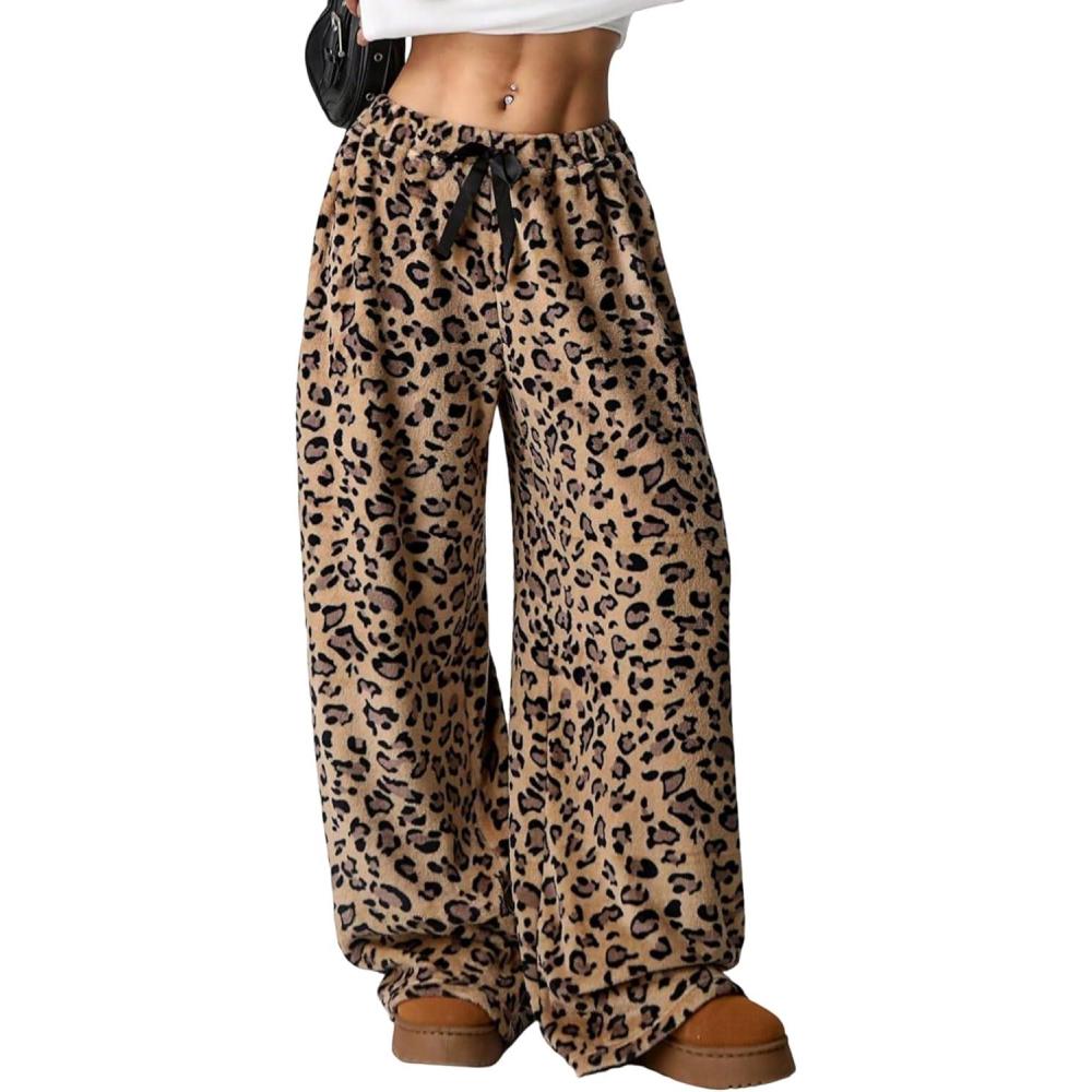 Arssm Women’s Fuzzy Pajama Pants Plush Elastic Waist Wide Leg Leopard Pants Pajama Bottoms Fluffy Pants(Brown)