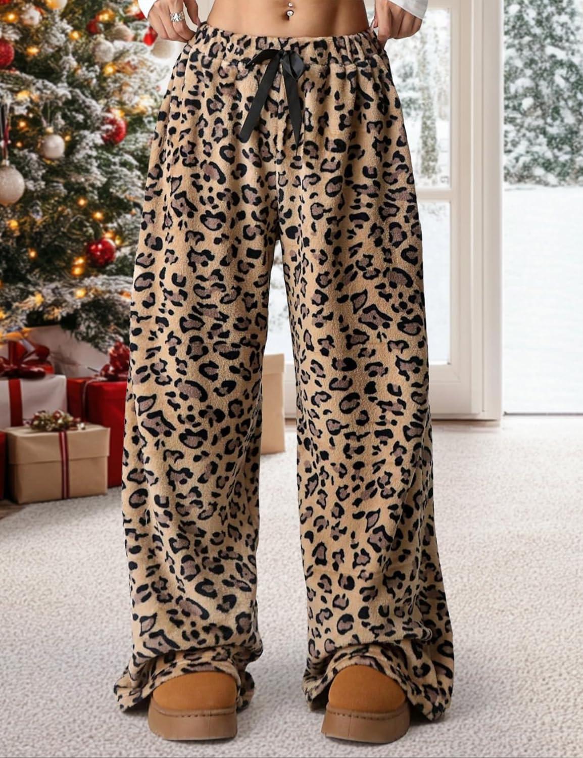 Arssm Women’s Fuzzy Pajama Pants Plush Elastic Waist Wide Leg Leopard Pants Pajama Bottoms Fluffy Pants(Brown)