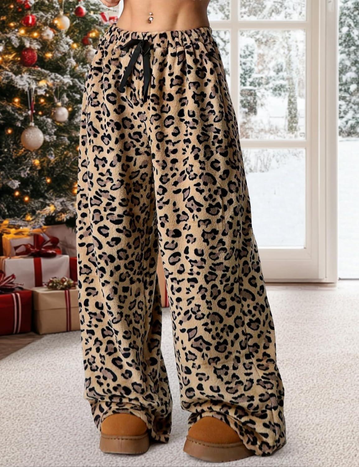 Arssm Women’s Fuzzy Pajama Pants Plush Elastic Waist Wide Leg Leopard Pants Pajama Bottoms Fluffy Pants(Brown)