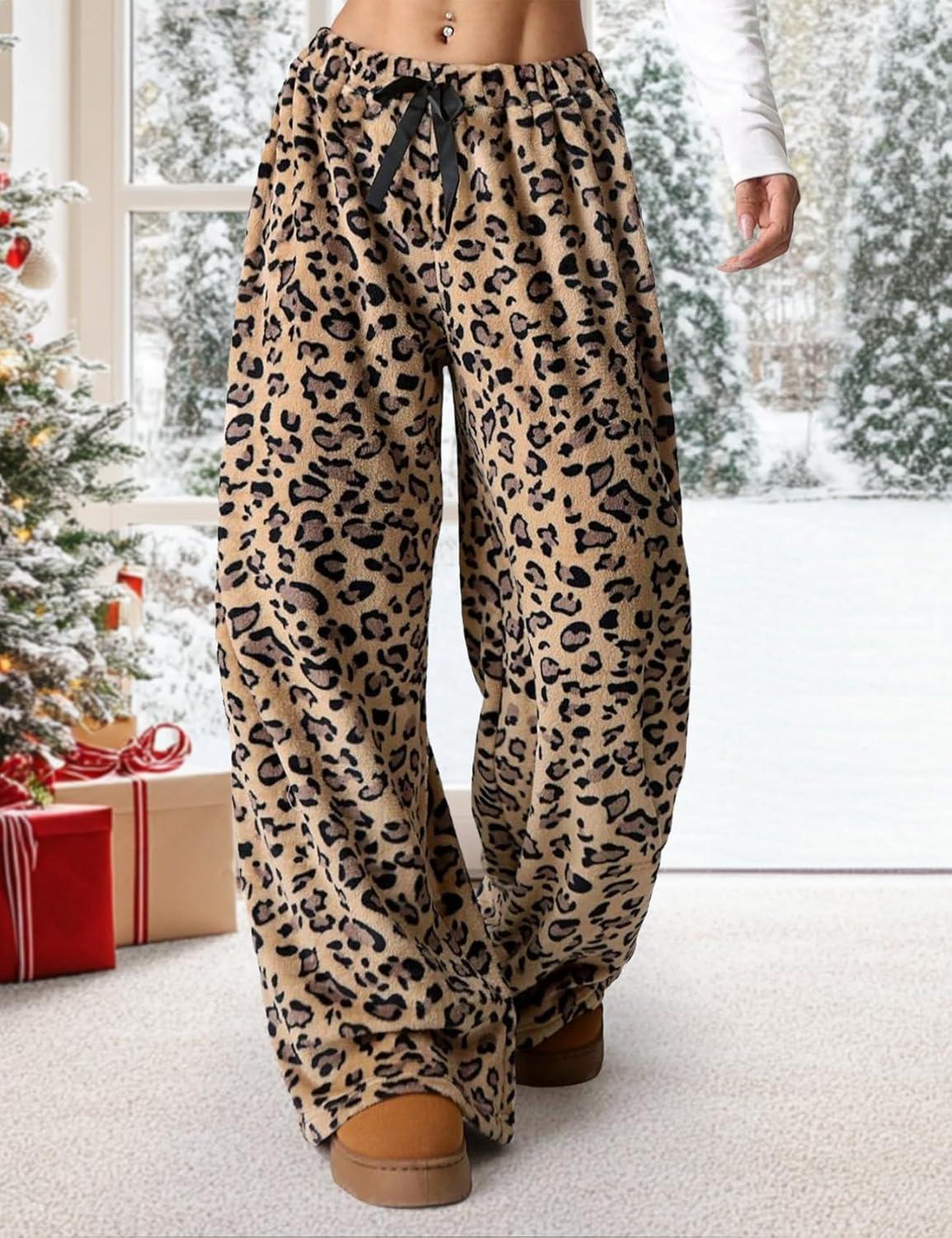 Arssm Women’s Fuzzy Pajama Pants Plush Elastic Waist Wide Leg Leopard Pants Pajama Bottoms Fluffy Pants(Brown)