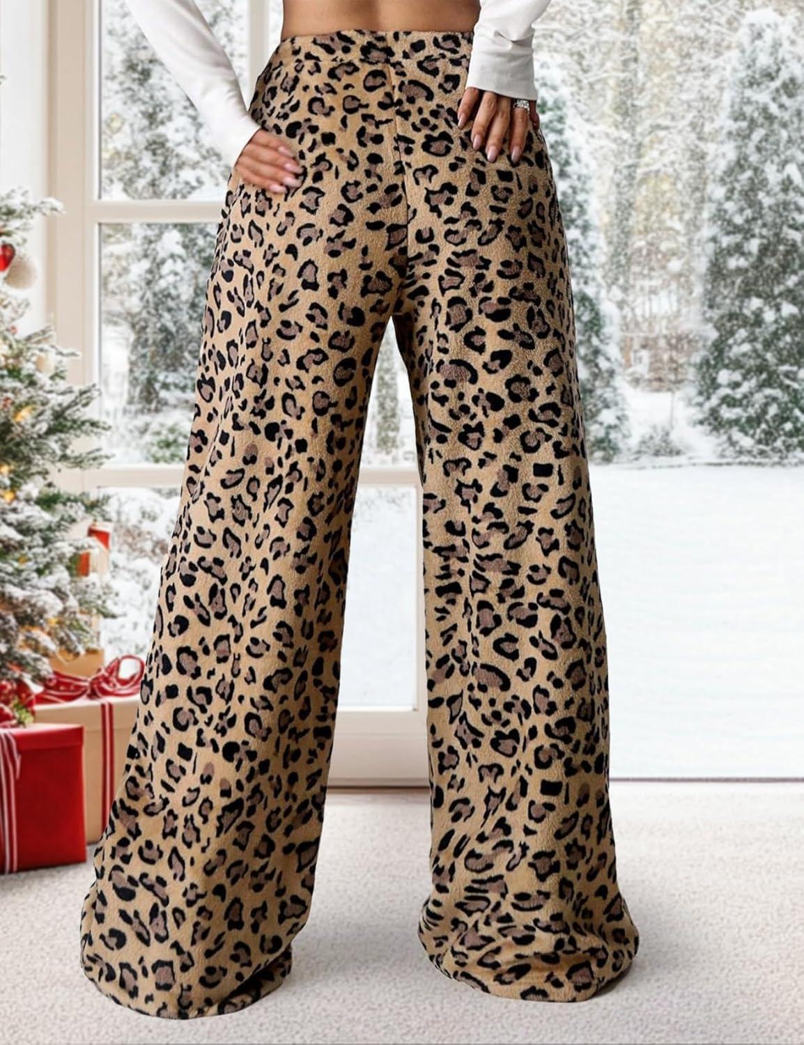 Arssm Women’s Fuzzy Pajama Pants Plush Elastic Waist Wide Leg Leopard Pants Pajama Bottoms Fluffy Pants(Brown)