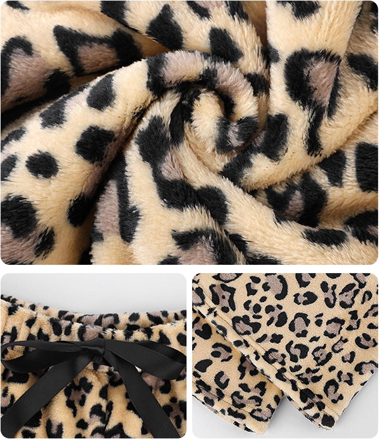 Arssm Women’s Fuzzy Pajama Pants Plush Elastic Waist Wide Leg Leopard Pants Pajama Bottoms Fluffy Pants(Brown)