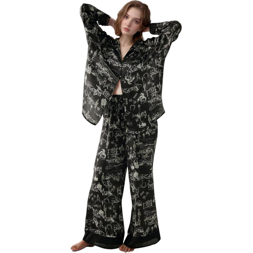 Arssm Satin Pajama Set for Women Silk Pajamas Set 2 Piece Floral Pj Set Long Sleeve Button Down Pjs Sleepwear(Black)