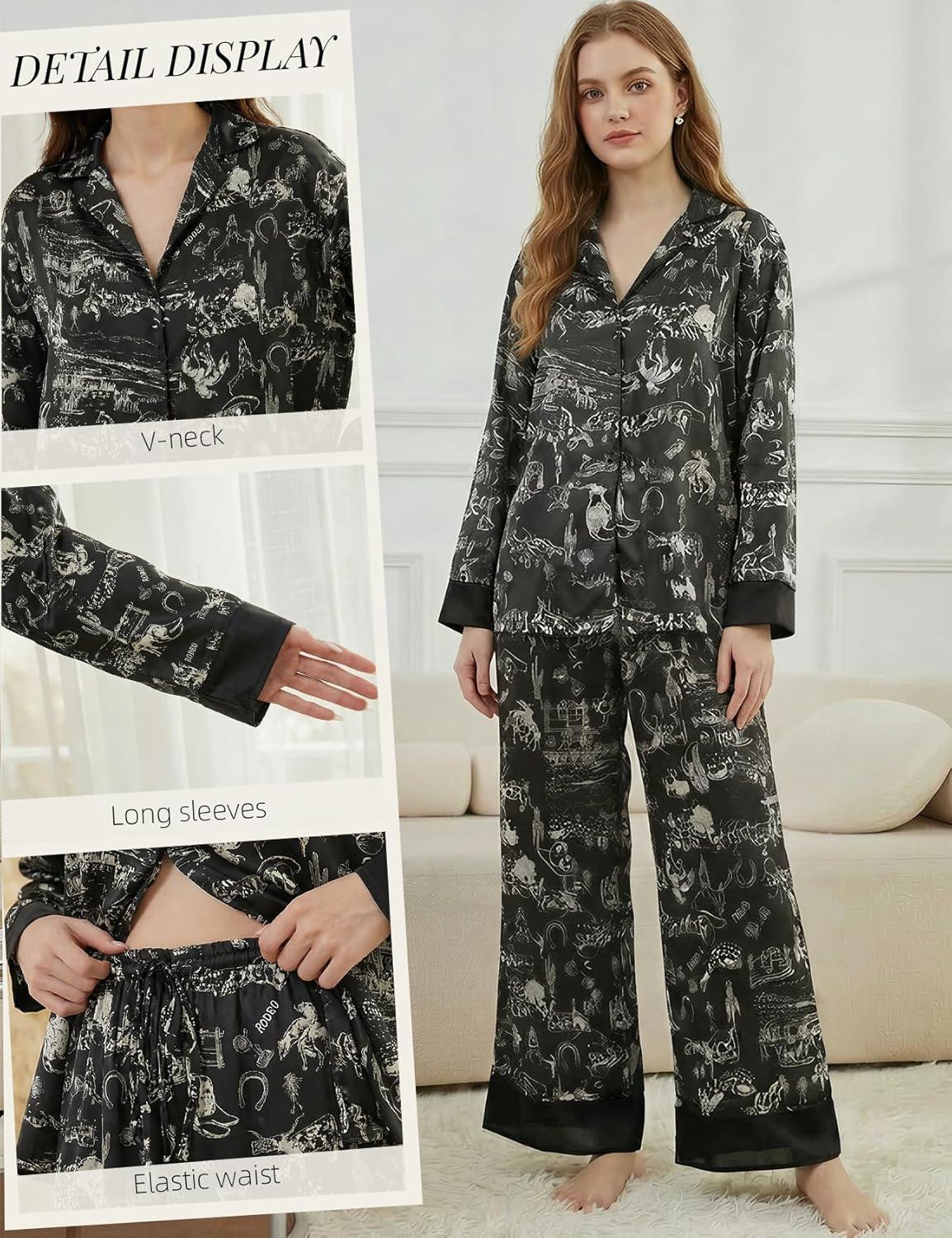 Arssm Satin Pajama Set for Women Silk Pajamas Set 2 Piece Floral Pj Set Long Sleeve Button Down Pjs Sleepwear(Black)