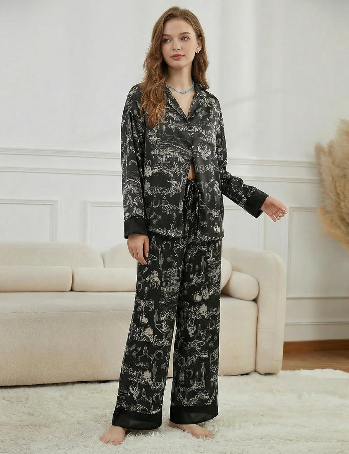Arssm Satin Pajama Set for Women Silk Pajamas Set 2 Piece Floral Pj Set Long Sleeve Button Down Pjs Sleepwear(Black)
