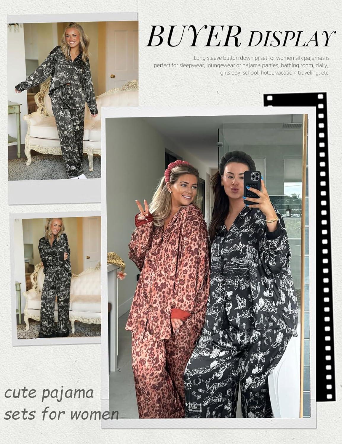 Arssm Satin Pajama Set for Women Silk Pajamas Set 2 Piece Floral Pj Set Long Sleeve Button Down Pjs Sleepwear(Black)