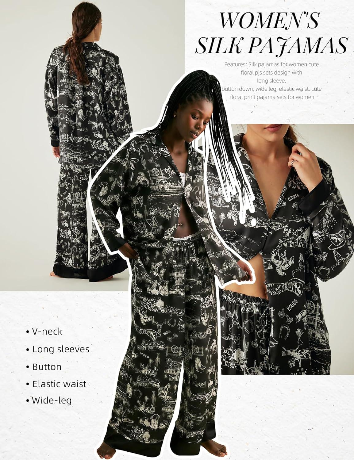 Arssm Satin Pajama Set for Women Silk Pajamas Set 2 Piece Floral Pj Set Long Sleeve Button Down Pjs Sleepwear(Black)