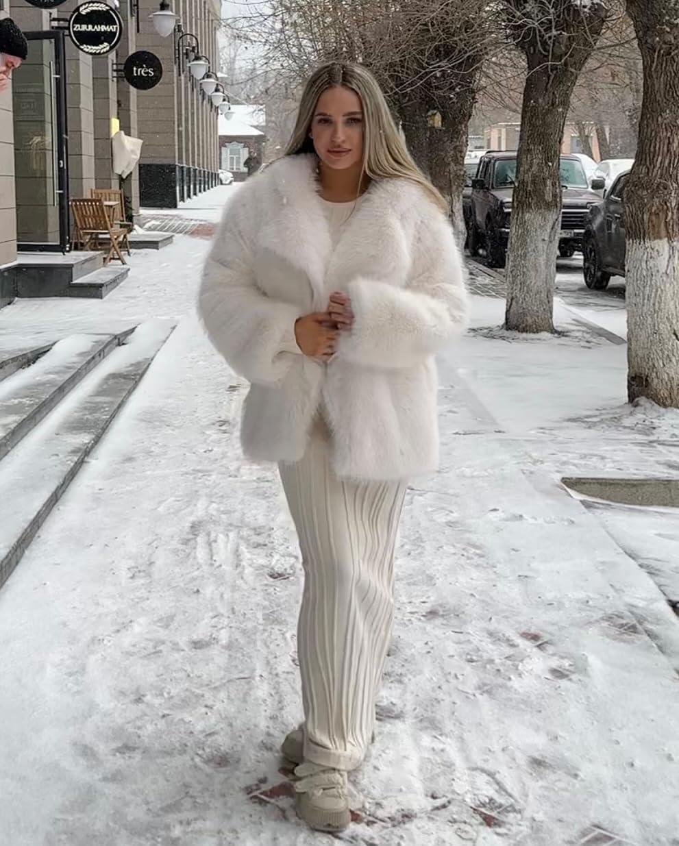 Arssm Women’s Faux Fur Coat Long Sleeve Fluffy Jacket Open Front Furry Winter Warm Lapel Shaggy Coat Outwear(White)