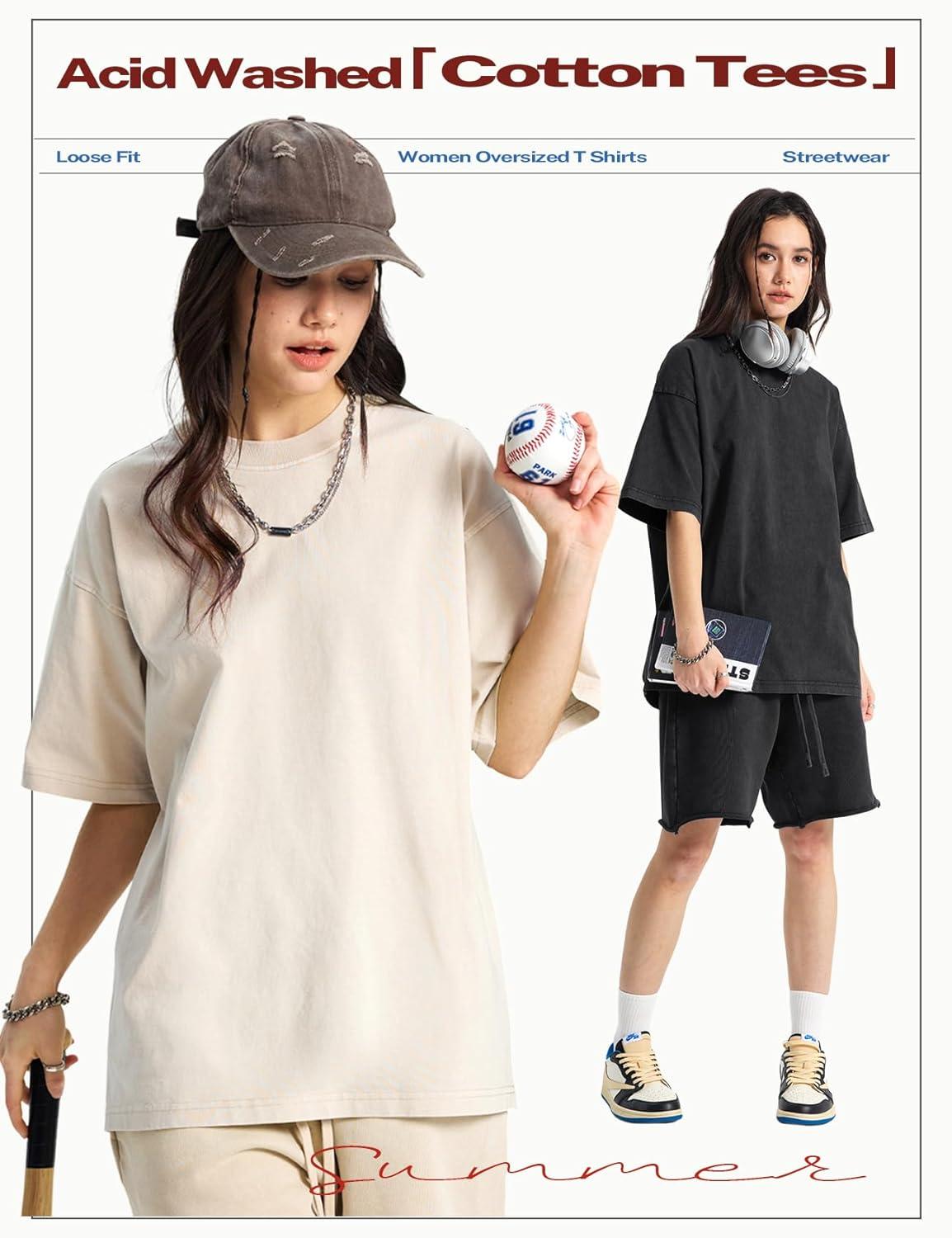 Arssm Women’s Oversized T-Shirts Cotton Acid Wash Boyfriend Tee Shirt Loose Fit Vintage T-Shirts(Black+beige+army+khaki+grey)