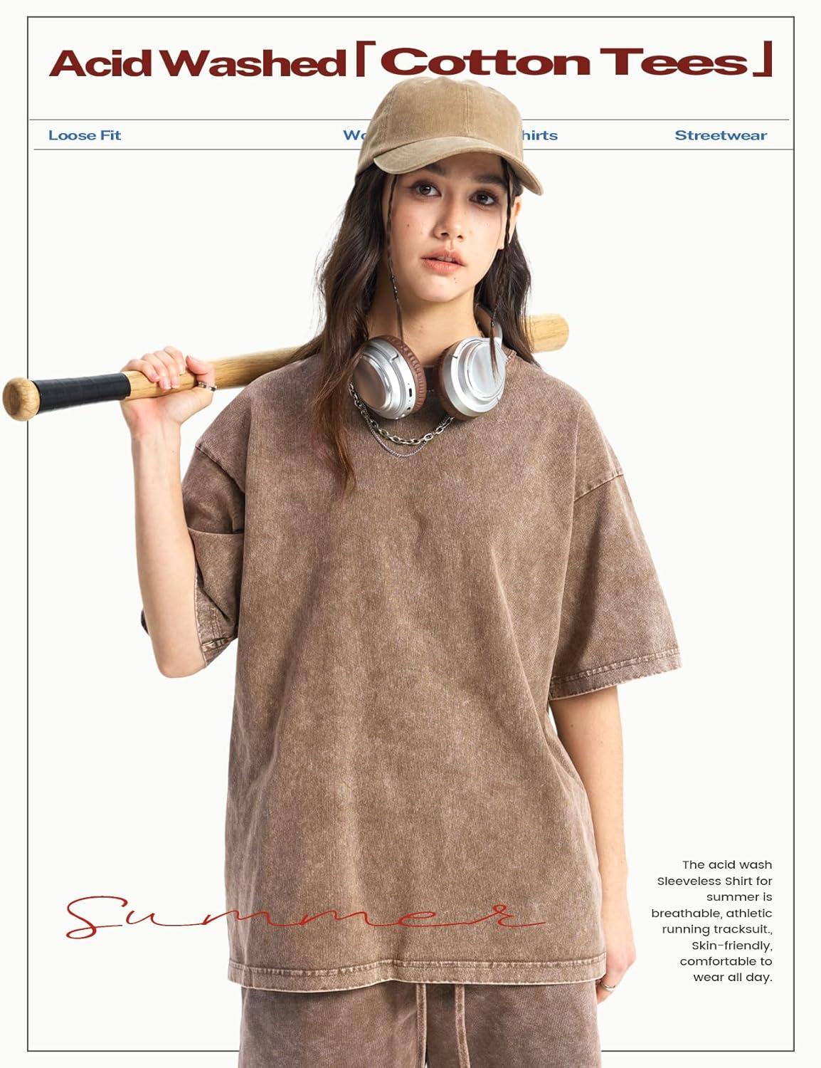 Arssm Women’s Oversized T-Shirts Cotton Acid Wash Boyfriend Tee Shirt Loose Fit Vintage T-Shirts(Black+beige+army+khaki+grey)