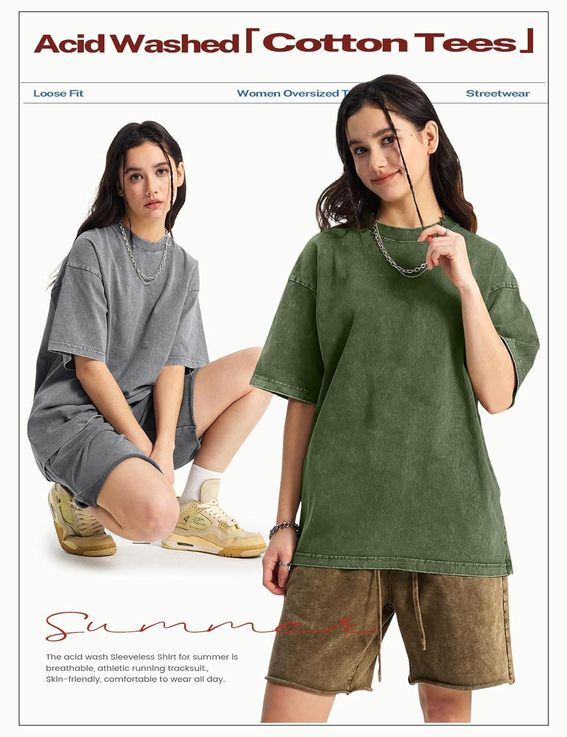 Arssm Women’s Oversized T-Shirts Cotton Acid Wash Boyfriend Tee Shirt Loose Fit Vintage T-Shirts(Black+beige+army+khaki+grey)