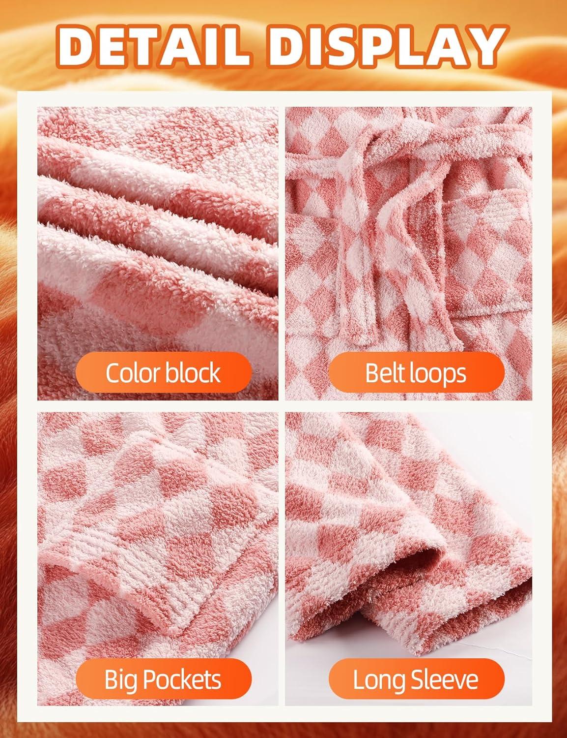 Arssm Womens Striped Fluffy Robe Long Plush Bathrobes Fuzzy Warm Cozy Thick Loungewear Maxi Robe(Pink)