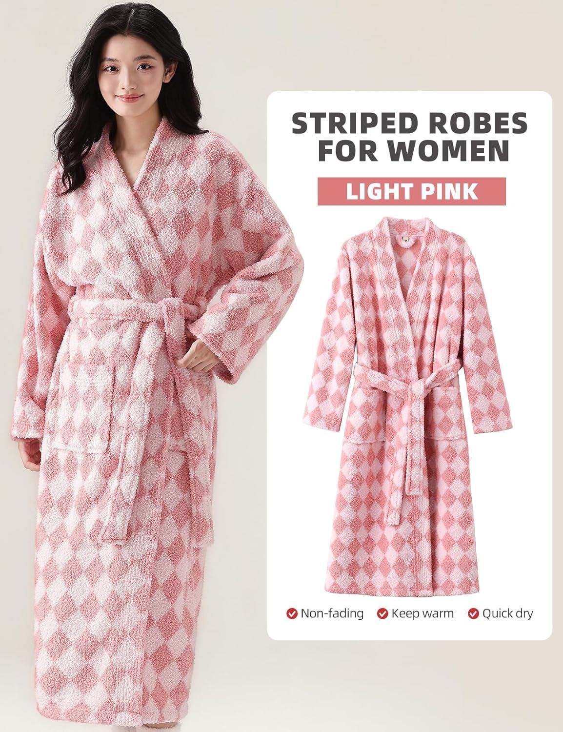 Arssm Womens Striped Fluffy Robe Long Plush Bathrobes Fuzzy Warm Cozy Thick Loungewear Maxi Robe(Pink)