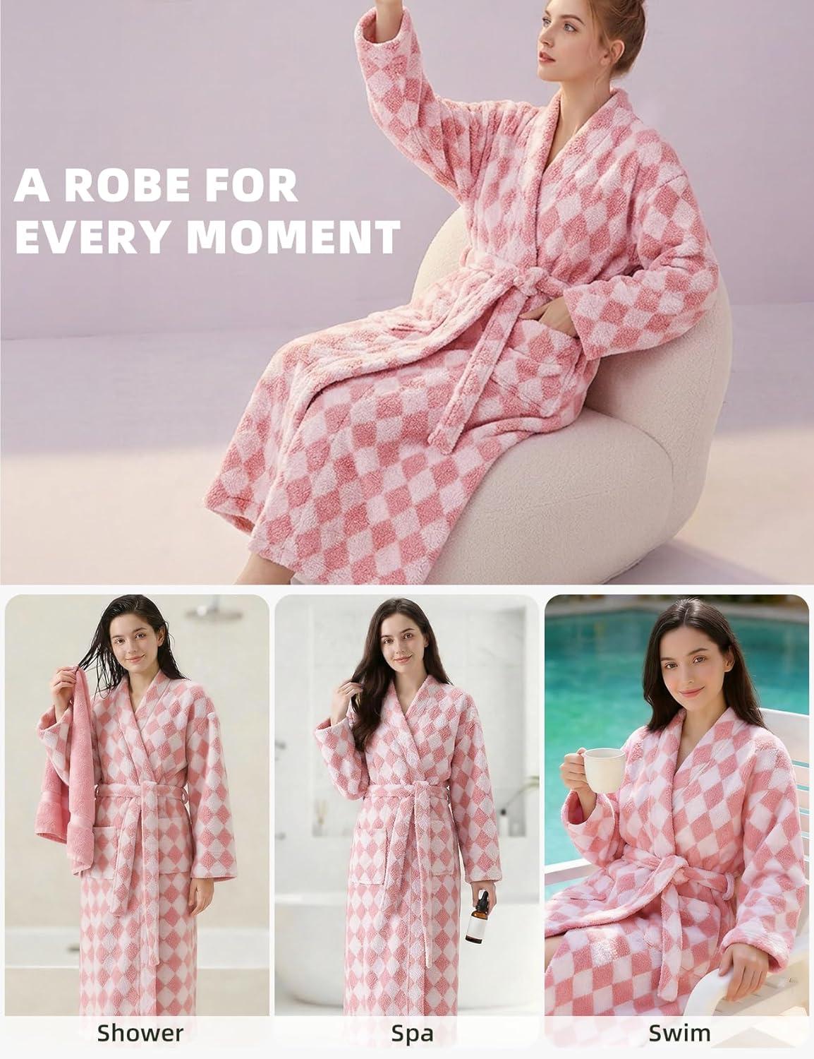 Arssm Womens Striped Fluffy Robe Long Plush Bathrobes Fuzzy Warm Cozy Thick Loungewear Maxi Robe(Pink)