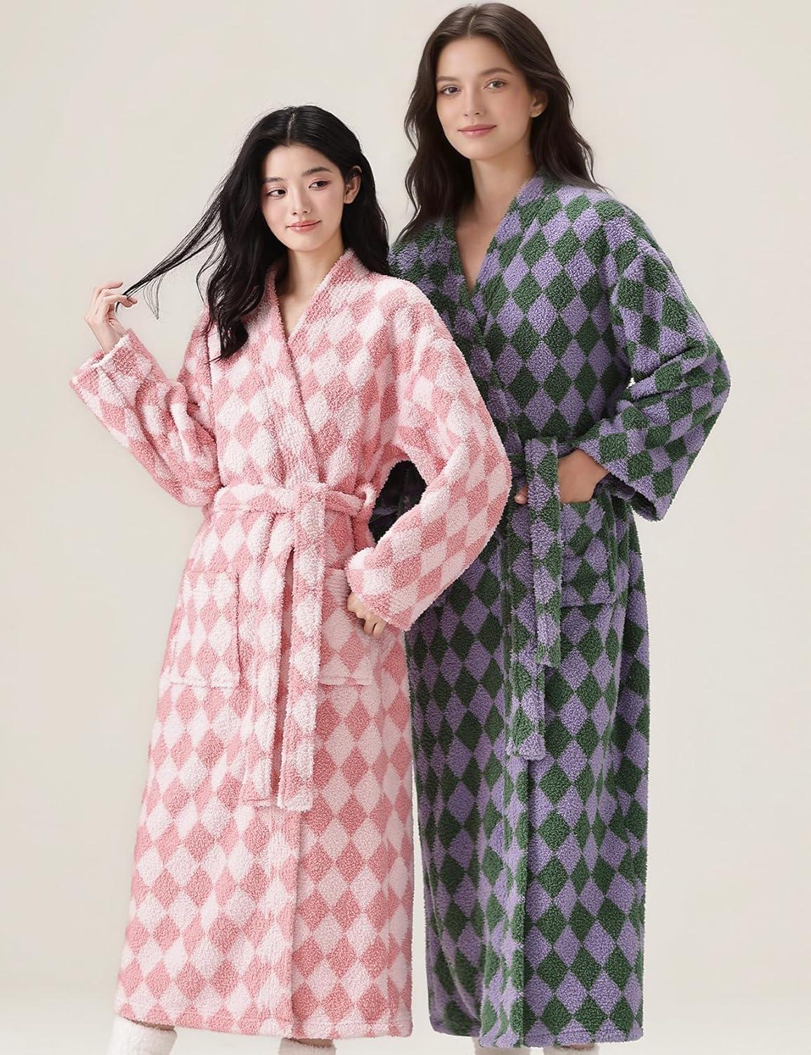 Arssm Womens Striped Fluffy Robe Long Plush Bathrobes Fuzzy Warm Cozy Thick Loungewear Maxi Robe(Pink)