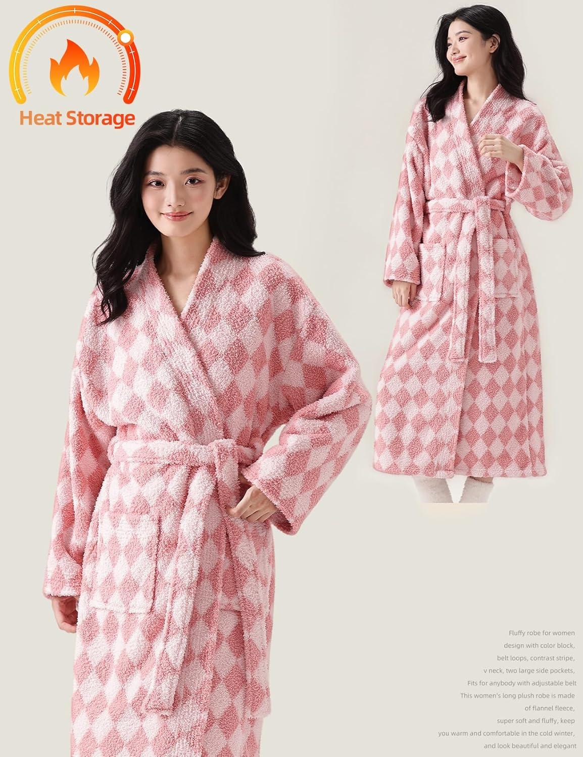 Arssm Womens Striped Fluffy Robe Long Plush Bathrobes Fuzzy Warm Cozy Thick Loungewear Maxi Robe(Pink)