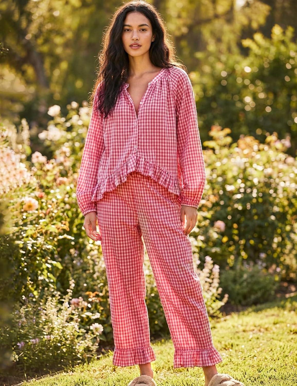 Arssm Womens Gingham Pajama Set 2 Piece Plaid Button Down Long Sleeve Shirt and Pants Pjs Lounge Set Outfits(Red)