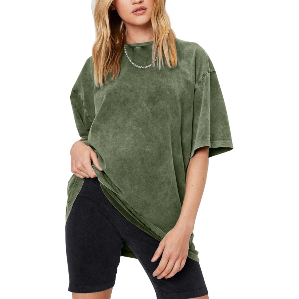 Arssm Women Oversized T Shirts Acid Washed Cotton Tees Vintage Baggy Loose Fit Streetwear Workout Tops(Army)