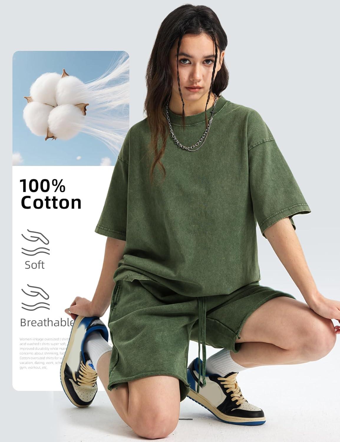 Arssm Women Oversized T Shirts Acid Washed Cotton Tees Vintage Baggy Loose Fit Streetwear Workout Tops(Army)