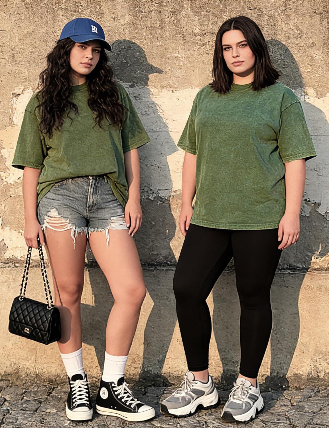 Arssm Women Oversized T Shirts Acid Washed Cotton Tees Vintage Baggy Loose Fit Streetwear Workout Tops(Army)