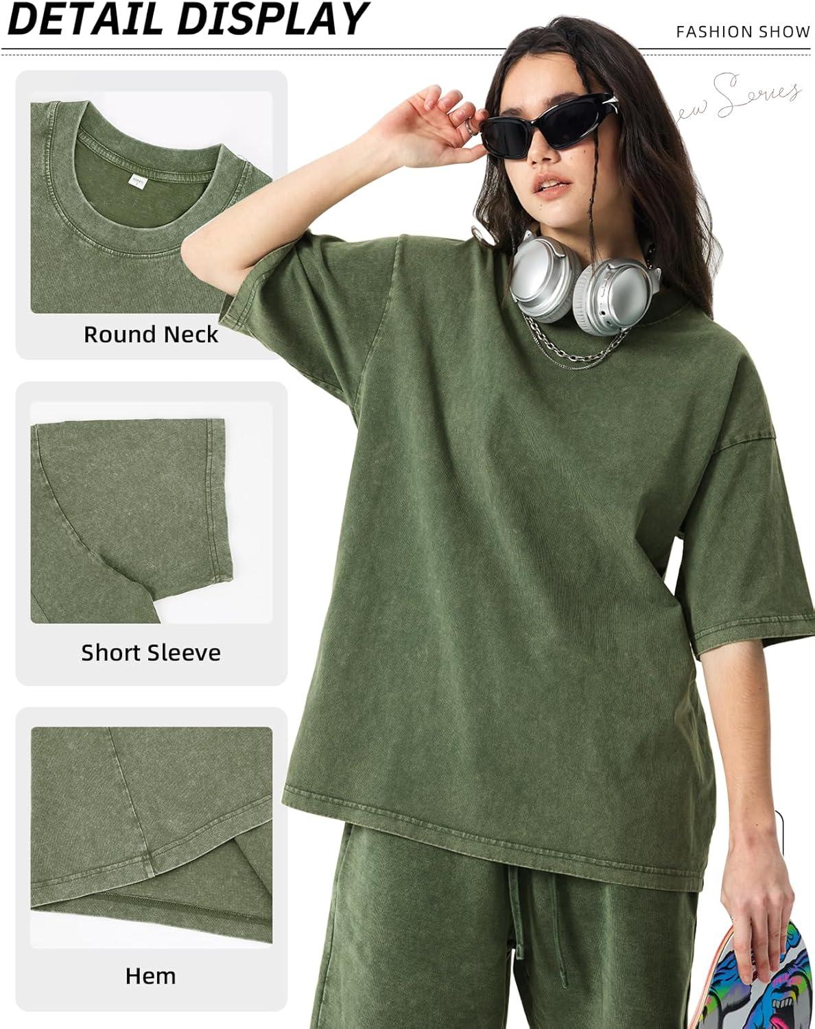 Arssm Women Oversized T Shirts Acid Washed Cotton Tees Vintage Baggy Loose Fit Streetwear Workout Tops(Army)