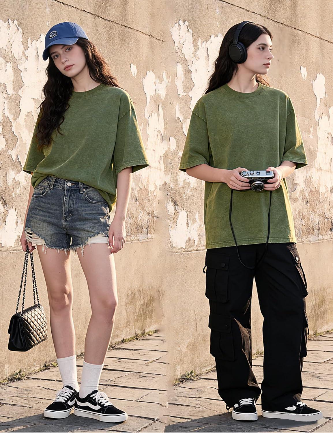 Arssm Women Oversized T Shirts Acid Washed Cotton Tees Vintage Baggy Loose Fit Streetwear Workout Tops(Army)