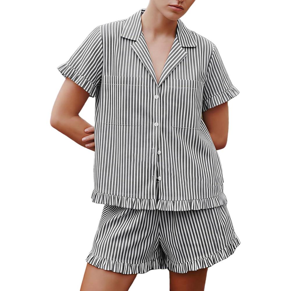 Arssm Womens Striped Pajama Sets 2 Piece Cotton Pjs Sets Short Sleeve Button Down Shirts and Shorts Sleepwear(Grey)