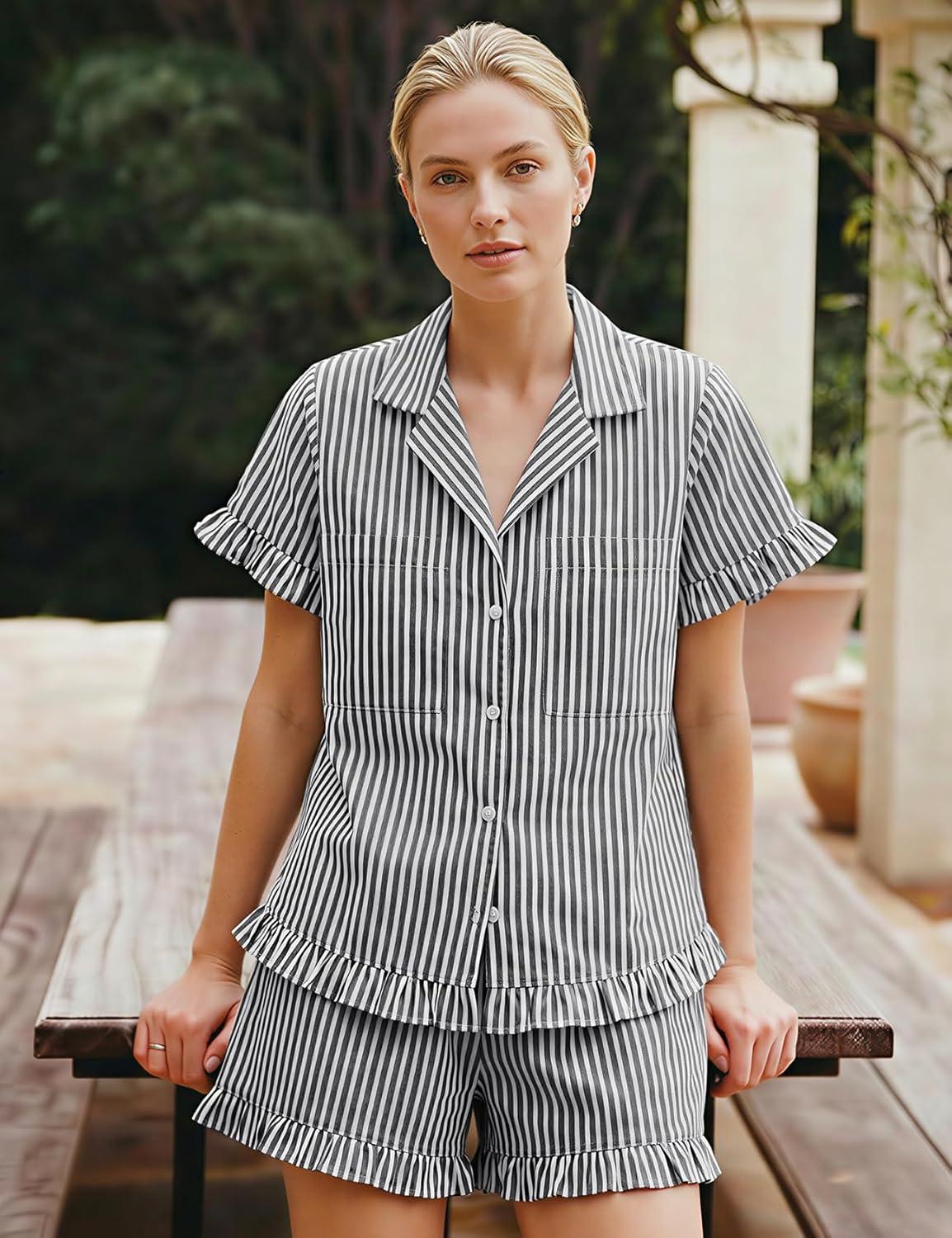 Arssm Womens Striped Pajama Sets 2 Piece Cotton Pjs Sets Short Sleeve Button Down Shirts and Shorts Sleepwear(Grey)