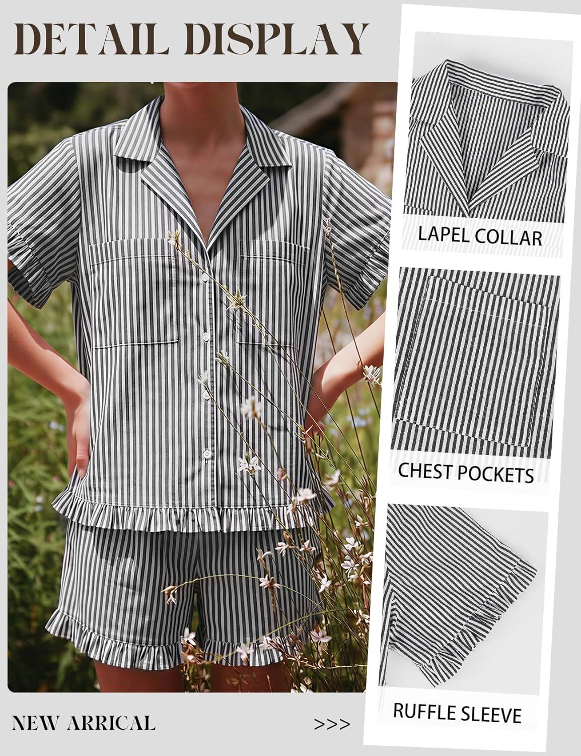 Arssm Womens Striped Pajama Sets 2 Piece Cotton Pjs Sets Short Sleeve Button Down Shirts and Shorts Sleepwear(Grey)