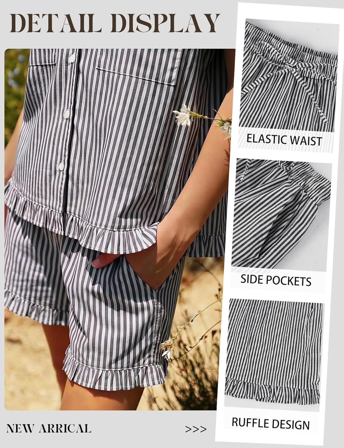 Arssm Womens Striped Pajama Sets 2 Piece Cotton Pjs Sets Short Sleeve Button Down Shirts and Shorts Sleepwear(Grey)