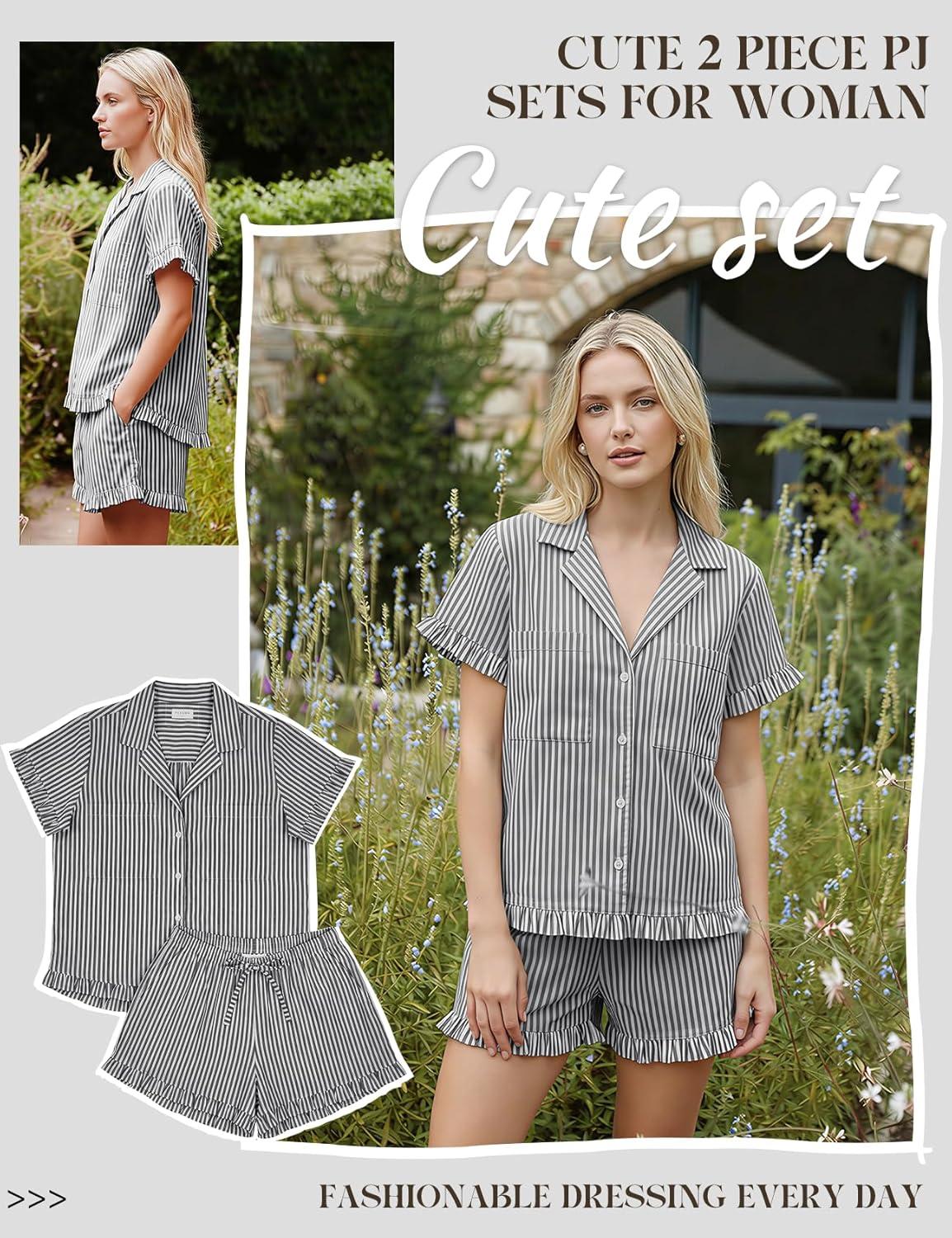 Arssm Womens Striped Pajama Sets 2 Piece Cotton Pjs Sets Short Sleeve Button Down Shirts and Shorts Sleepwear(Grey)
