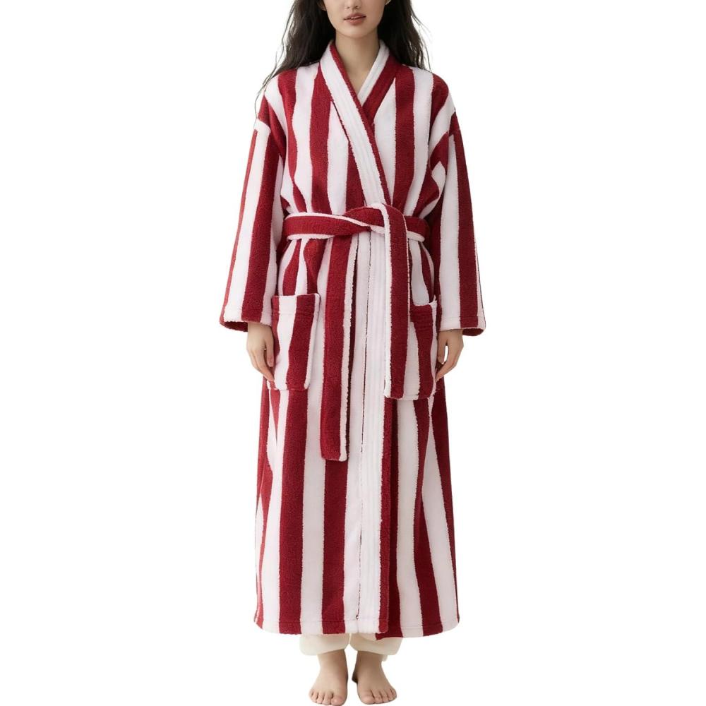 Arssm Womens Striped Fluffy Robe Long Plush Bathrobes Fuzzy Warm Cozy Thick Loungewear Maxi Robe(Red)