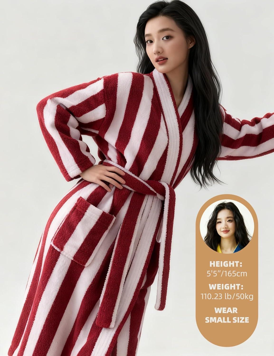 Arssm Womens Striped Fluffy Robe Long Plush Bathrobes Fuzzy Warm Cozy Thick Loungewear Maxi Robe(Red)