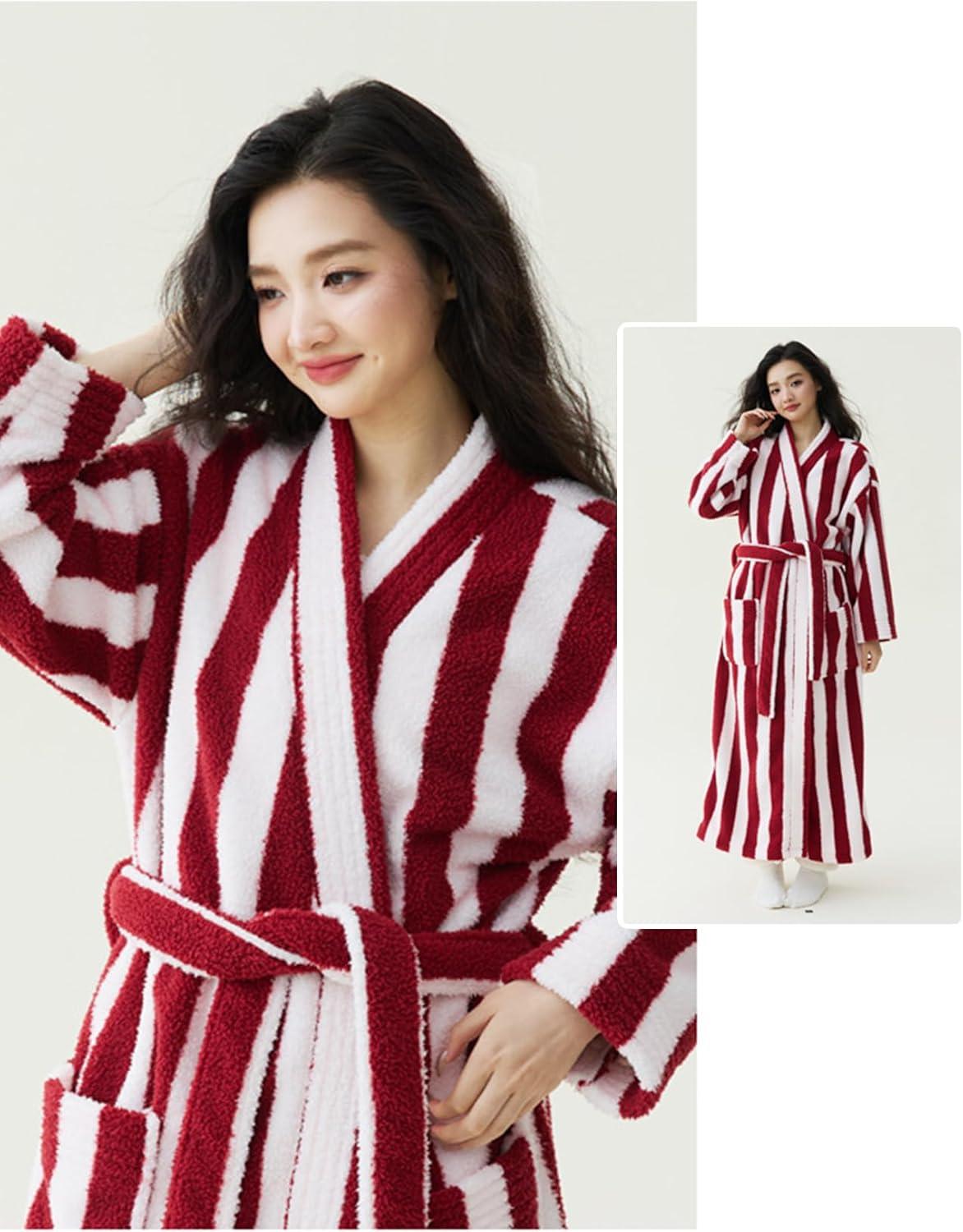 Arssm Womens Striped Fluffy Robe Long Plush Bathrobes Fuzzy Warm Cozy Thick Loungewear Maxi Robe(Red)