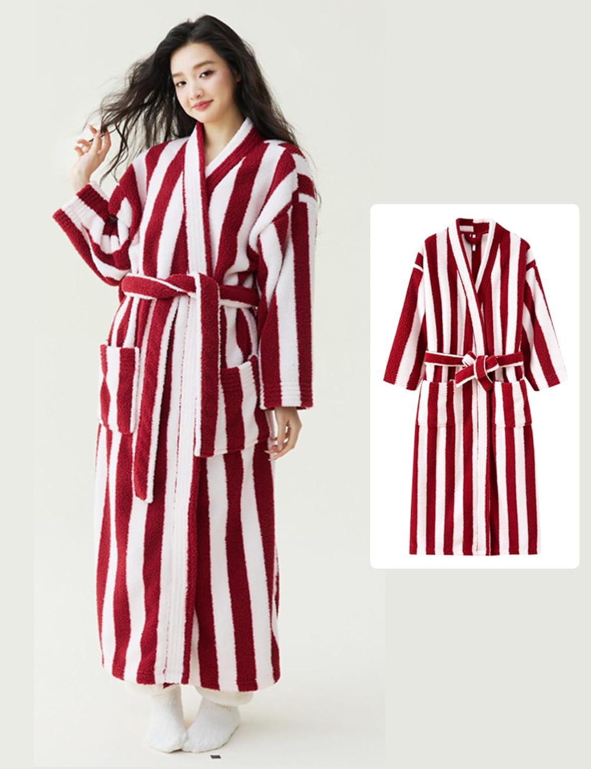 Arssm Womens Striped Fluffy Robe Long Plush Bathrobes Fuzzy Warm Cozy Thick Loungewear Maxi Robe(Red)