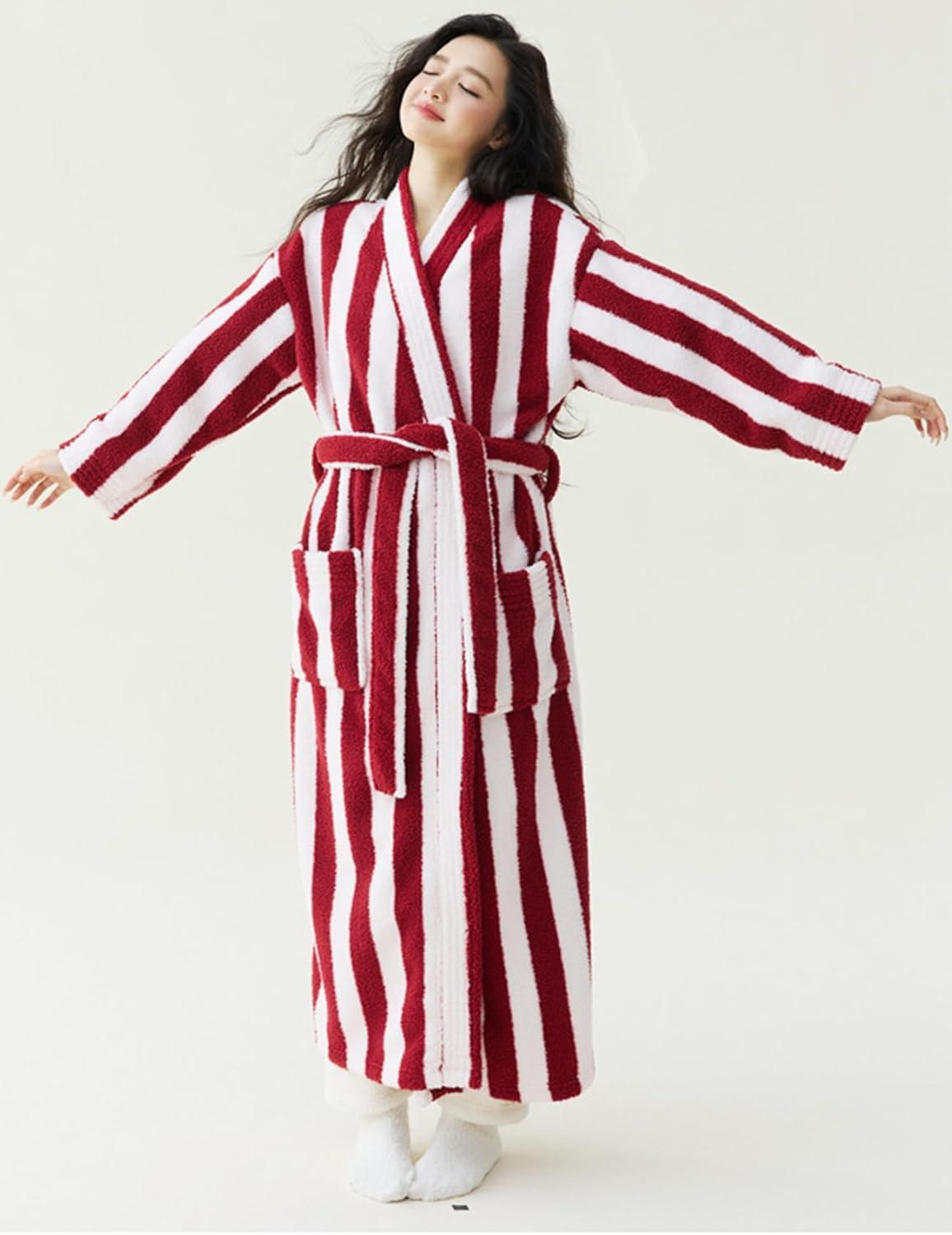 Arssm Womens Striped Fluffy Robe Long Plush Bathrobes Fuzzy Warm Cozy Thick Loungewear Maxi Robe(Red)