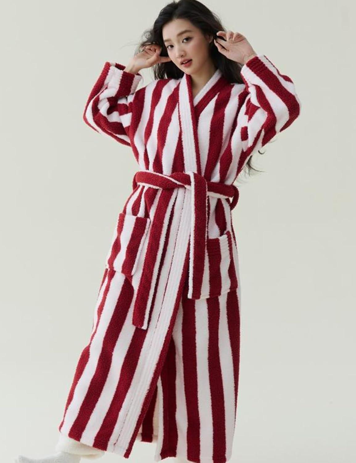 Arssm Womens Striped Fluffy Robe Long Plush Bathrobes Fuzzy Warm Cozy Thick Loungewear Maxi Robe(Red)