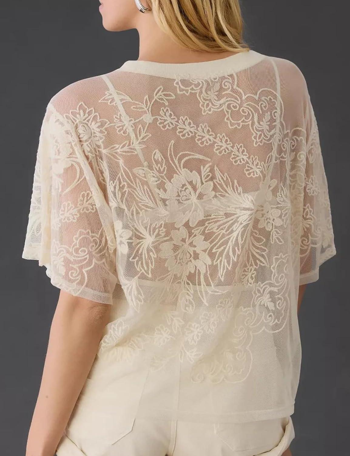 Arssm Womens Lace Mesh Top Short Sleeve Floral Embroidered Sheer Blouse Sexy See Through Lace Layering Shirts(Apricot-XL)