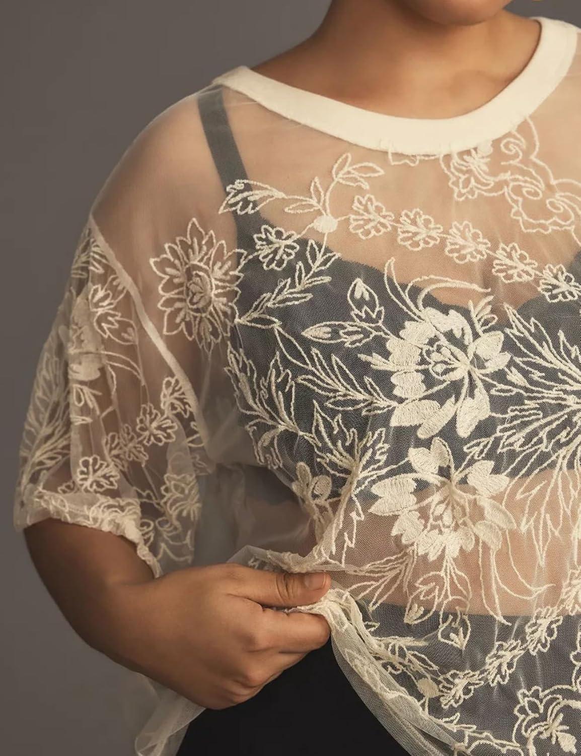 Arssm Womens Lace Mesh Top Short Sleeve Floral Embroidered Sheer Blouse Sexy See Through Lace Layering Shirts(Apricot-XL)
