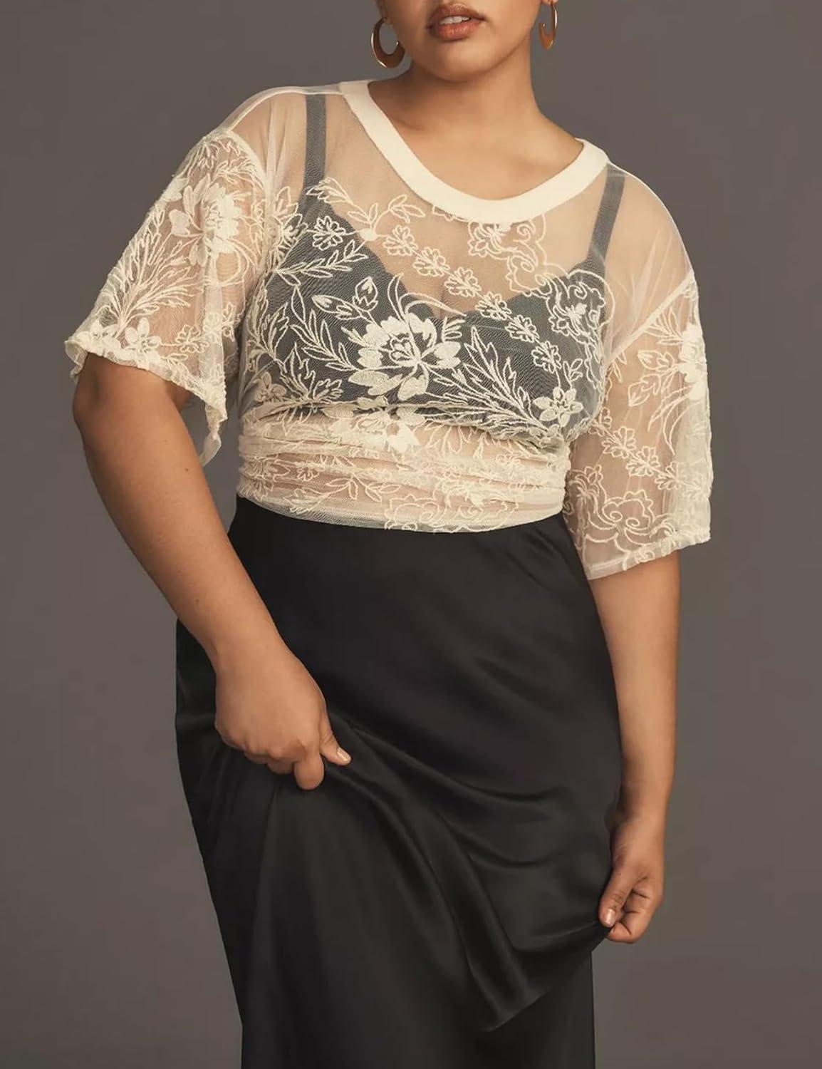 Arssm Womens Lace Mesh Top Short Sleeve Floral Embroidered Sheer Blouse Sexy See Through Lace Layering Shirts(Apricot-XL)