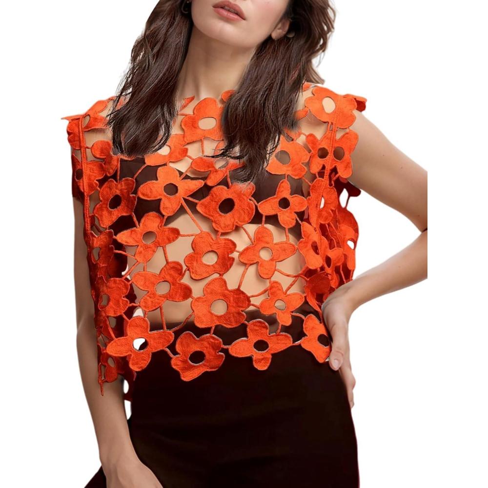 Arssm Women’s Floral Lace Vest Summer Hollow Out Crochet Tank Top Sleeveless Pullover Going Out Tops Crewneck Cover Ups(Orange)