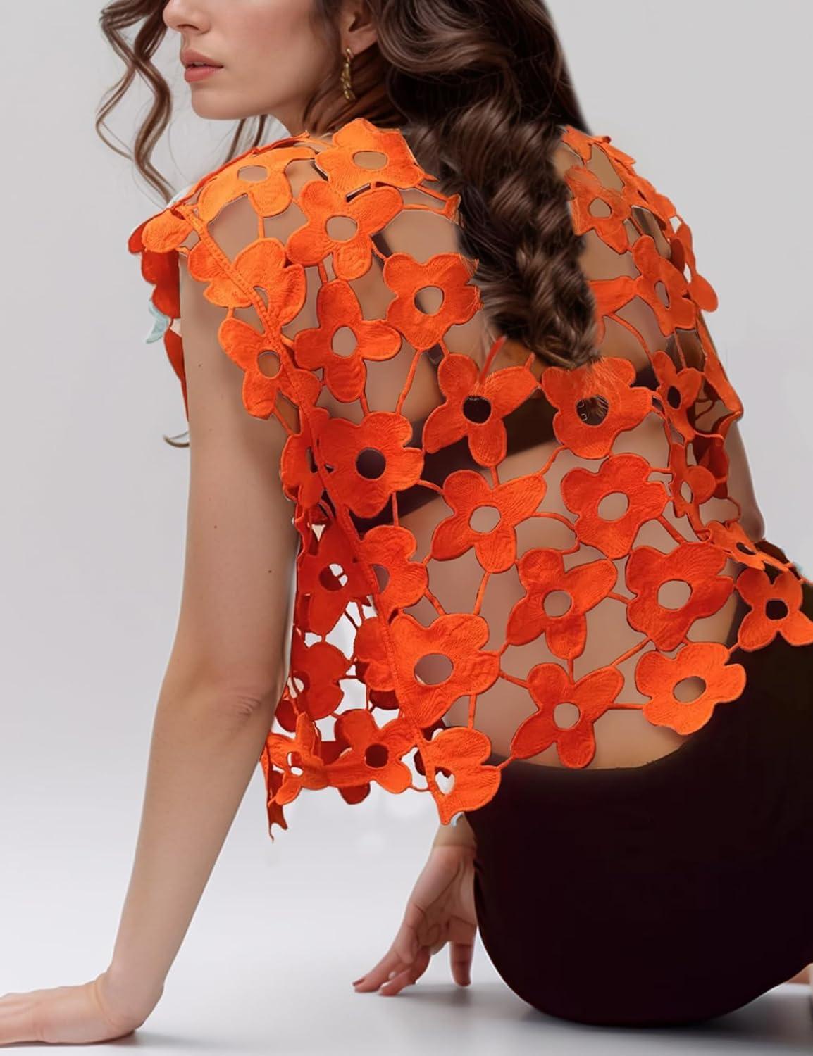 Arssm Women’s Floral Lace Vest Summer Hollow Out Crochet Tank Top Sleeveless Pullover Going Out Tops Crewneck Cover Ups(Orange)