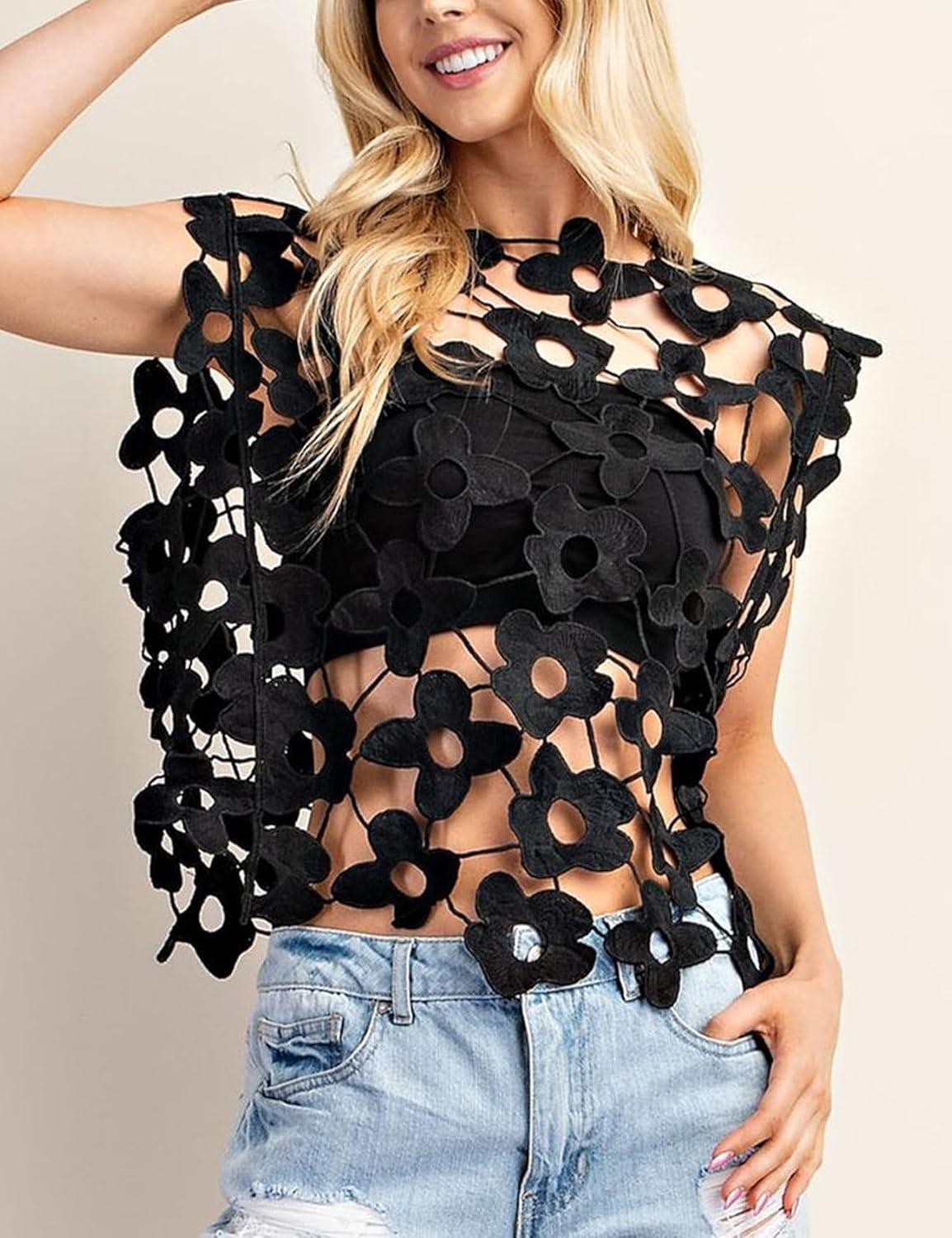 Arssm Women’s Floral Lace Vest Summer Hollow Out Crochet Tank Top Sleeveless Pullover Going Out Tops Crewneck Cover Ups(Black)