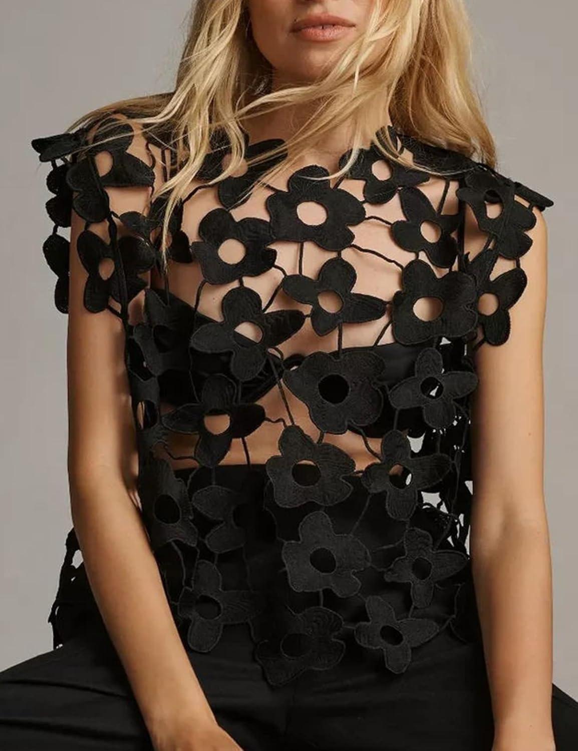Arssm Women’s Floral Lace Vest Summer Hollow Out Crochet Tank Top Sleeveless Pullover Going Out Tops Crewneck Cover Ups(Black)